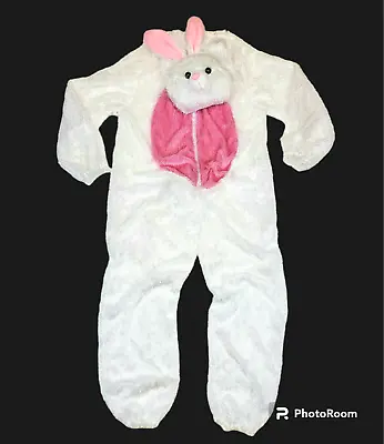 Kids 7 8 Bunny Rabbit Costume Hooded Jumpsuit White Pink Plush Boy Girl • $24.99