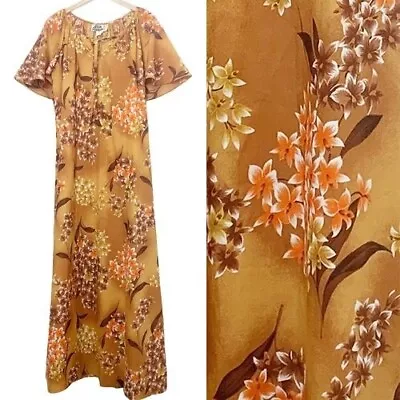 Vintage 70s Hilo Hattie Mumu Womens M  Maxi Dress Floral Brown Orange Caftan • $37.96