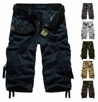 Mens Casual 3/4 Long Length Shorts Elasticated Waist Cotton Cargo Combat Pants • £14.96