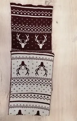 Bhs Burgundy Red White Long Knit Winter Scarf Fair Isle Reindeer  Festive • £9.99