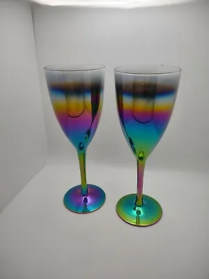 SET OF 2 Metallic Rainbow Mirror Reflective Iridescent Wine Goblet Stem Glasses • $18.99