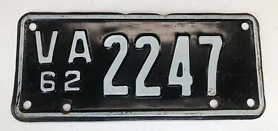 $62 • Buy 1962 Virginia MOTORCYCLE License Plate VA 62 2247 Black & White MC Tag Vintage