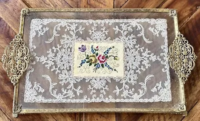 Vintage Filigree Lace Petit Point Roses Embroidery Footed Perfume Vanity Tray • $92.99