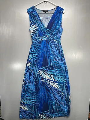 Spense Maxi Dress Women Large Blue Floral Surplice V Neckline Stretch Sleeveless • $17