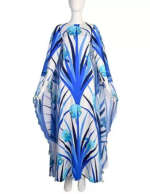 La Mendola Vintage 1970s Stunning White Blue Orchid Floral Jersey Dress • $985