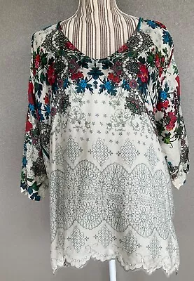 JOHNNY WAS Silk Floral/ Lace Print Top. V Neckline. 3/4 Sleeves. Sz L • $65