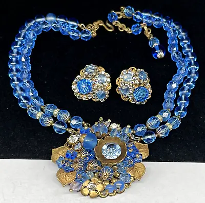 Miriam Haskell Signed Set Rare 1950's Blue Glass Rhinestone Necklace Earrings • $977.50