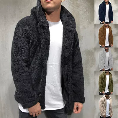 Mens Fleece Coat Cardigan Faux Fur Jacket Winter Teddy Jumper Hoodie Overcoat UK • £21.49