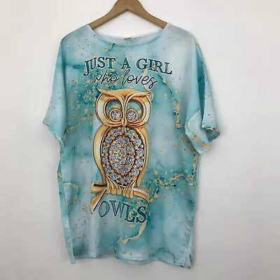 Women's T-Shirt Size Small Green Owl Graphic Short Sleeve Crew Neck Pullover New • £13.99