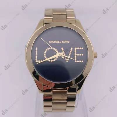 Michael Kors MK3803 Slim Runway Black Love Dial Gold Bracelet Women's Watch • $105.80