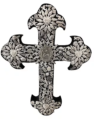 XLG Mexican MILAGROS CROSS Cross W Charms ExVotos Virgin Guadalupe 21” Black • $118.80