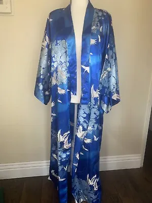 Kimono Robe Made In Japan Blue Flying Birds Polyester 55 Vintage Full Length • $19.99