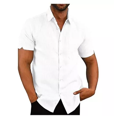Mens Cotton Linen Shirts Summer Short Sleeve Casual Loose Tops Buttons T-Shirt • $18.99