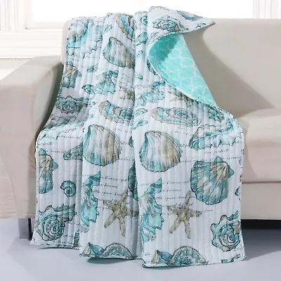 Coastal Quilted Throw Blanket Blue Shells Starfish Beach House Bedding Cover • $49.79