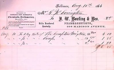 J.W. Bowling & Bro Baltimore Maryland 1866 Pharmacy Chemicals Invoice Billhead • $32.50