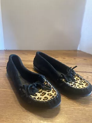 Minnetonka Suede Fringe Cheetah Print Moccasins Black Size 9.5 Women's Shoes • £19.29