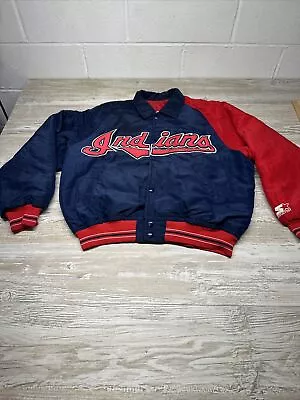 VINTAGE Cleveland Indians Jacket Mens Medium Blue Starter Diamond Collection USA • $44.98