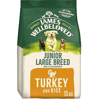 £65.49 • Buy 15kg James Wellbeloved Natural Junior Large Breed Dry Dog Food Turkey & Rice