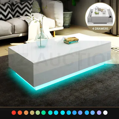 Modern LED Coffee Table Storage High Gloss Living Room Furniture 4 Drawers White • $149.95