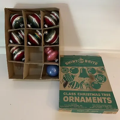 Bell Strip￼e Shiny Brite Mica UFO Christmas Tree Ornaments VG 1940’s Box Bulbs • $120