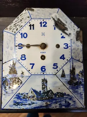 Antique Porcelain Enamel Delft Wall Clock 8 Day Germany Blue & White • $18.17