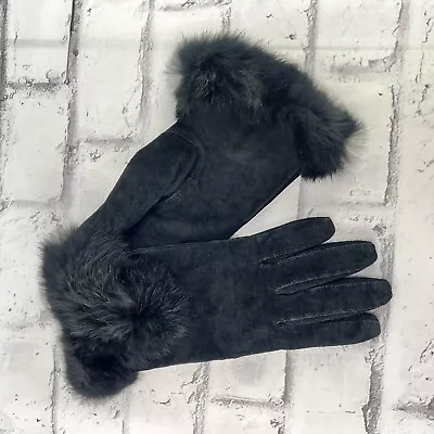 Black Suede Leather Rabbit Fur Gloves Womens Size Medium Black • $30