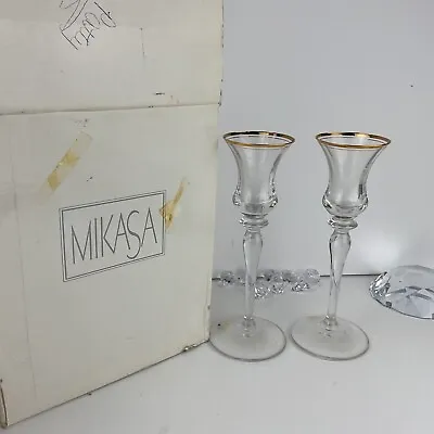 2 Mikasa Crystal Candlestick Tapered Candle Holders JAMESTOWN Gold IOB • $36.89