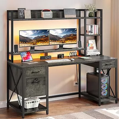 59  Computer Desk With Power Outlets & LED Lights Home Office Desk With Drawers • $168.98