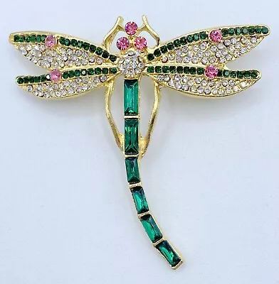 F4-2243 Vintage Brooch Gold Tone Pin 2.25  Pink Rhinestone Dragonfly Animal • $5.99