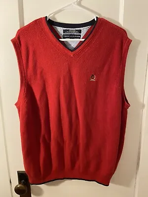 Tommy Hilfiger Mens Vest Size XL Red V Neck Knit Pullover Cotton Christmas • $13.95