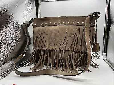 Michael Kors Tan / Cement  Suede Fringe Crossbody Hobo Purse Purse -Pre Owned • $150