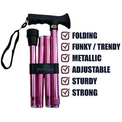 TAMAKA® Pink 4-Part Ladies Folding Adjustable Aluminium Compact Walking Stick • £16.49