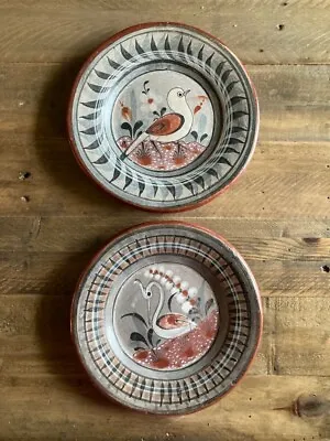 Vtg Burnished Tonala Pottery 2 Wall Hanging 7  Plates Birds Hand Crafted Mexico • $44