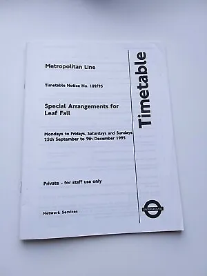 Sept-Dec 1995 Metropolitan Line London Underground Timetable London Transport  • £7.50