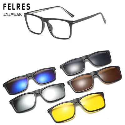 5 In 1 Magnetic Clip On Polarized Sunglasses Men Square TR90 Glasses Frames New • $19.75