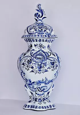 Antique DELFT XL GINGER JAR LIDDED VASE 17.3 INCHES - EMBOSSED ACCENTS RARE • $195