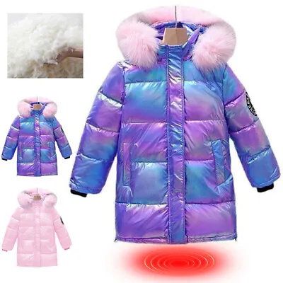 Winter Kids Girls Fur Hooded Coat Waterproof Puffer Parka School Jackets Outwear • £10.82