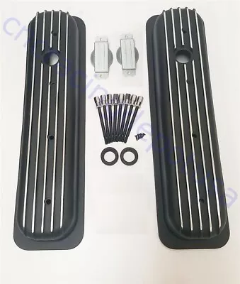 Small Block Chevy Short Style Finned BLACK Valve Covers Retro Vortec 5.0 5.7 350 • $83.99