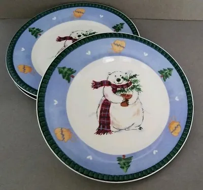 3 Pfaltzgraff Snow Bear 8 3/8  Accent Salad Plates Blue Border Christmas  • $35.95