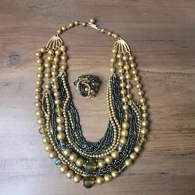 VTG MIRIAM HASKELL? Gold Multi Bead Strand AB Seed Green Wire Bib Necklace  • $93.42