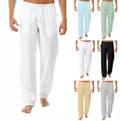 Mens Cotton Linen Loose Yoga Pants Drawstring Beach Casual Baggy Long Trousers • $13.30