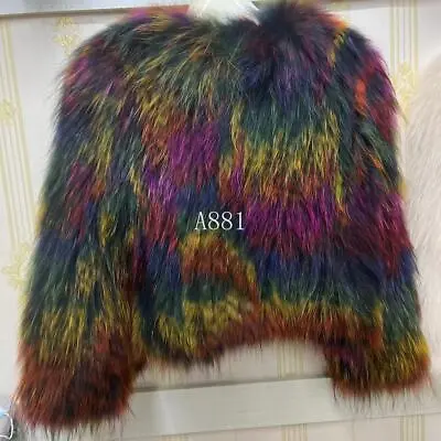 Luxury Womens Raccoon Fur  Coat Double-sided Short Mixed Color Knitted Jacket • $176.73