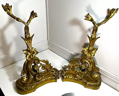 Ornate Brass Andirons Set Of Vintage Measurments Approx 22.25 T X 13.25 W X 5.5 • $350