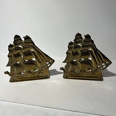 Set Marshall Fields Solid Brass Folding Bookend Sailing Ships Nautical Pirates • $40