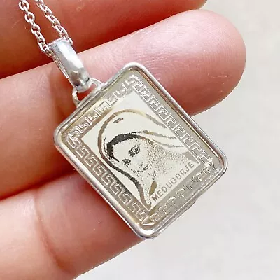 RARE Vintage Sterling Silver 925 Necklace MARY LADY OF MEDJUGORJE Hologram? • £16.99