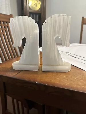 Vintage Pair Marble White Onyx Trojan Horse Head 7  Shelf Book Ends • $10.50