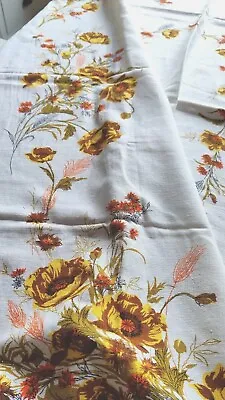 Tablecloth Linen Cotton 50's 60's Brown Orange Yellow Flowers Autumn Rectangular • £11.99