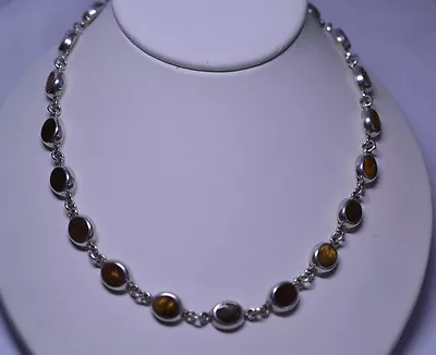 Heavy Mexican Sterling Silver 18 Inch Tiger Eye Necklace With 20 Stones 67.5 Gr. • $175