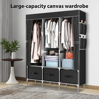 New Canvas Wardrobe Fabric Clothes Closet Cupboard + Shelves & 3 Storage Drawers • £34.99