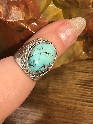 Vintage Navajo Morenci Turquoise Iron Pyrite 9.5 Stamped Rope Design 925 • $79